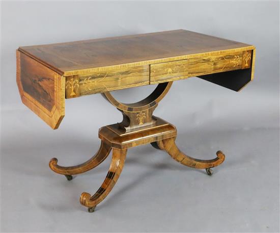 A Regency crossbanded and marquetry inlaid rosewood sofa table, W.3ft 4in. D.2ft H.2ft 5in.